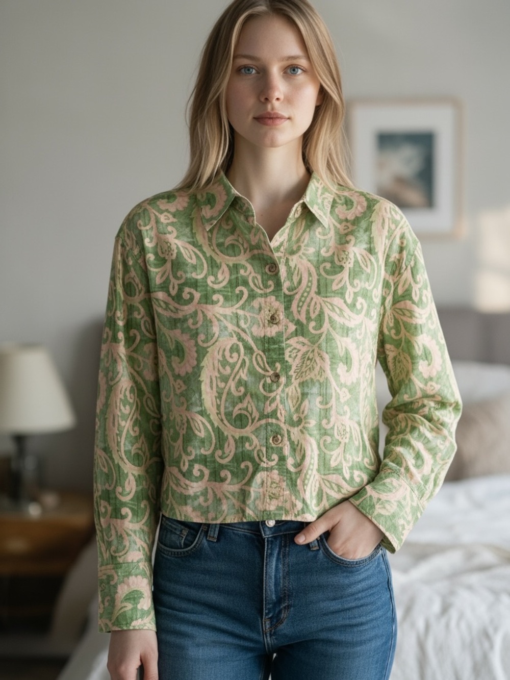 Velvet Heart Los Angeles Green and Cream Paisley Button-Up Blouse